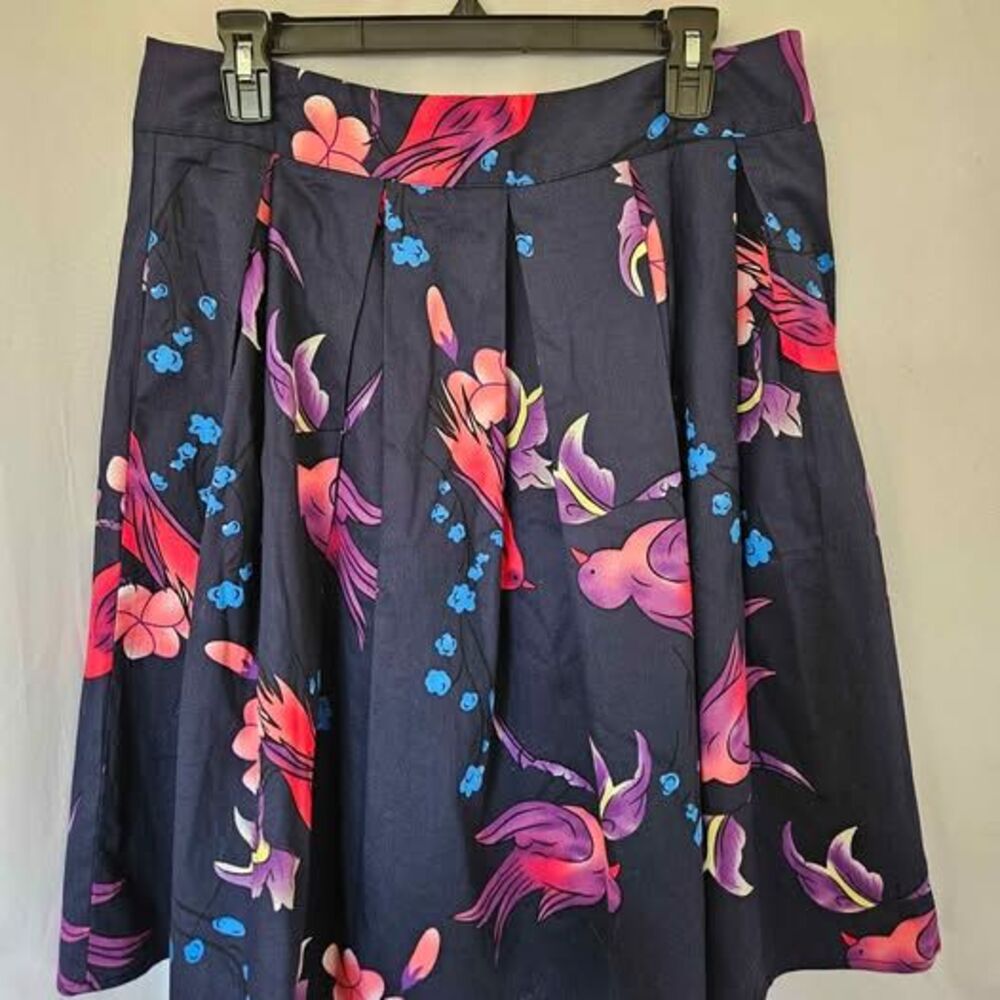 Navy Bird Floral Pleated Cotton Skirt Size Large Retro Whimsical Style
